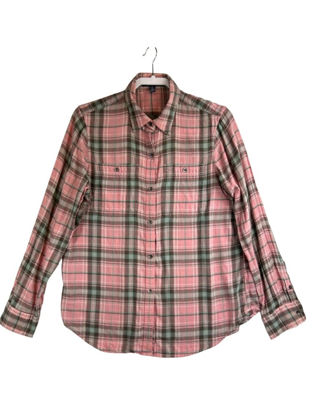 Chaps Women's L Pink Plaid Flannel Shirt Long Sleeve Button Up Pockets Relaxed